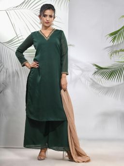 CHARUKRITI - Emerald Green Georgette Kurta with Palazzo and Dupatta with Beads Work (Set of 3)