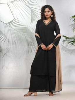 CHARUKRITI - Black Georgette Kurta with Palazzo and Dupatta with Beads Work (Set of 3)