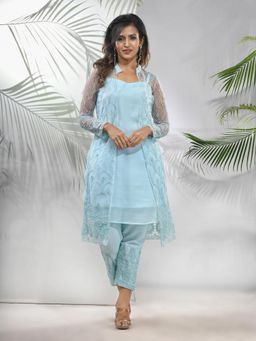 CHARUKRITI - Sea Green Georgette Kurta with Floral Embroidery Jacket and Pant (Set of 3)