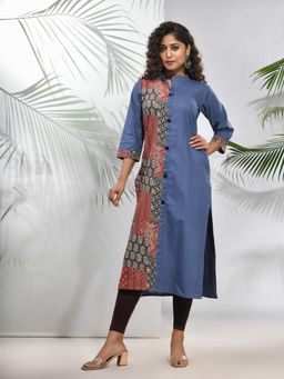 CHARUKRITI - Grey Cotton Ajrak Printed Straight Kurta