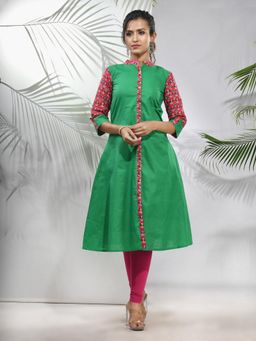CHARUKRITI - Green Cotton A-Line Kurta