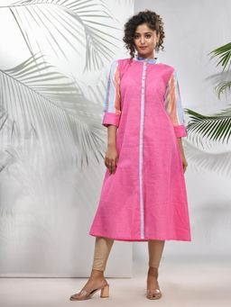 CHARUKRITI - Pink Cotton A-Line Kurta