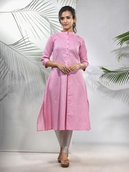 CHARUKRITI - Baby Pink Solid Cotton A-Line Kurta