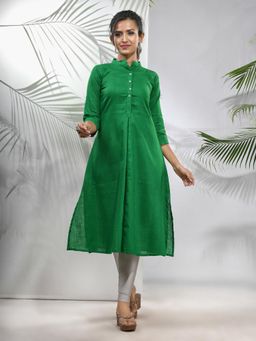 CHARUKRITI - Green Solid Cotton A-Line Kurta
