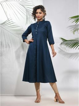 CHARUKRITI - Navy Blue Solid Cotton A-Line Kurta