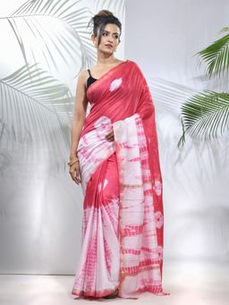 CHARUKRITI - Pink and White Shibori Printed Silk Saree with Unstitched Blouse