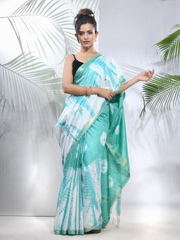 CHARUKRITI - Sea Green and White Shibori Printed Silk Saree with Unstitched Blouse