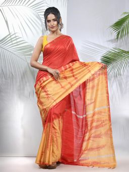 CHARUKRITI - Yellow and Red Shibori Printed Silk Saree with Unstitched Blouse