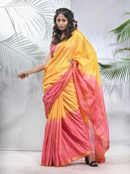 CHARUKRITI - Yellow and Flamingo Pink Silk Saree with Zari Borders with Unstitched Blouse