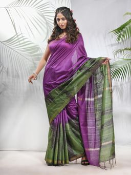 CHARUKRITI - Violet and Sap Green Shibori Printed Silk Saree with Unstitched Blouse