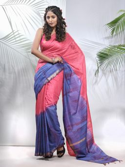 CHARUKRITI - Salmon Pink and Aegean Blue Shibori Printed Silk Saree with Unstitched Blouse