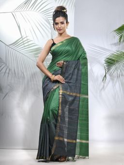 CHARUKRITI - Green and Grey Shibori Printed Silk Saree with Unstitched Blouse