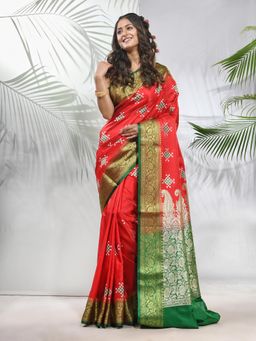 CHARUKRITI - Rust Embroidered Motifs Silk Saree with Zari Borders with Unstitched Blouse