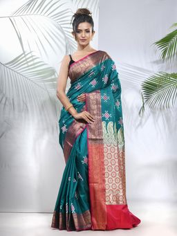 CHARUKRITI - Teal Embroidered Motifs Silk Saree with Zari Borders with Unstitched Blouse