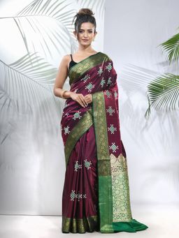 CHARUKRITI - Purple Embroidered Motifs Silk Saree with Zari Borders with Unstitched Blouse
