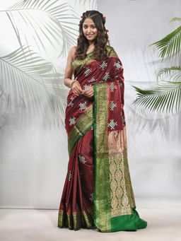 CHARUKRITI - Maroon Embroidered Motifs Silk Saree with Zari Borders with Unstitched Blouse