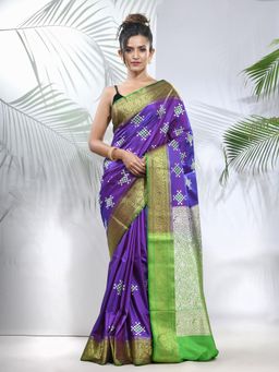 CHARUKRITI - Violet Embroidered Motifs Silk Saree with Zari Borders with Unstitched Blouse