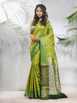 CHARUKRITI - Parrot Green Embroidered Motifs Silk Saree with Zari Borders with Unstitched Blouse