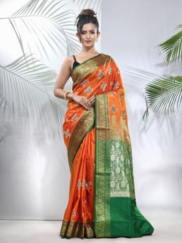 CHARUKRITI - Orange Embroidered Motifs Silk Saree with Zari Borders with Unstitched Blouse