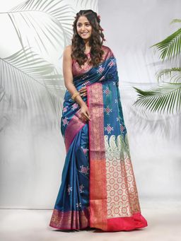 CHARUKRITI - Teal Embroidered Motifs Silk Saree with Zari Borders with Unstitched Blouse