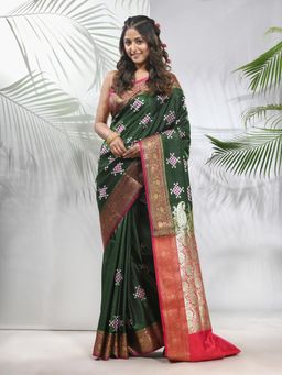 CHARUKRITI - Green Embroidered Motifs Silk Saree with Zari Borders with Unstitched Blouse