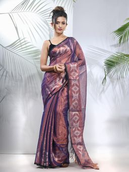 CHARUKRITI - Blue Polka Dots Tissue Saree with Stripes Pallu with Unstitched Blouse