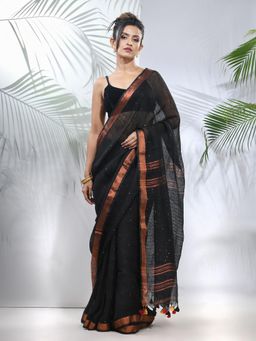 CHARUKRITI - Black Linen Saree with Sequined Work in Stripes Pallu with Unstitched Blouse