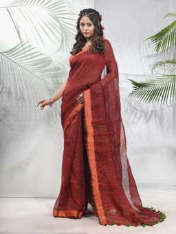 CHARUKRITI - Maroon Linen Saree with Sequined Work in Stripes Pallu with Unstitched Blouse
