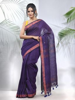 CHARUKRITI - Lilac Linen Saree with Sequined Work in Stripes Pallu with Unstitched Blouse