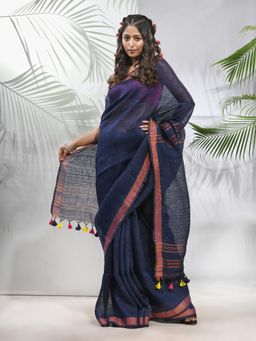 CHARUKRITI - Midnight Blue Linen Saree with Sequined Work in Stripes Pallu with Unstitched Blouse