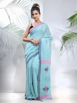 CHARUKRITI - Sea Green Cotton Saree with Stripes Pattern with Unstitched Blouse