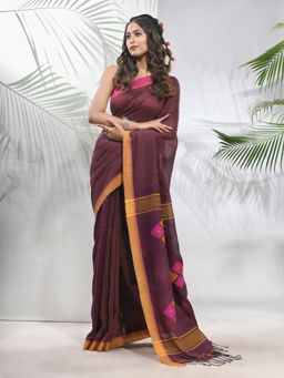 CHARUKRITI - Brown Cotton Saree with Stripes Pattern with Unstitched Blouse