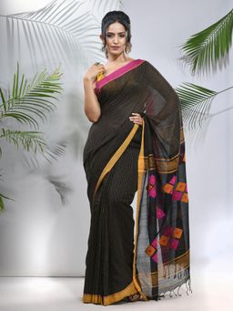 CHARUKRITI - Black Cotton Saree with Stripes Pattern with Unstitched Blouse