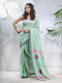 CHARUKRITI - Mint Green Cotton Saree with Stripes Pattern with Unstitched Blouse