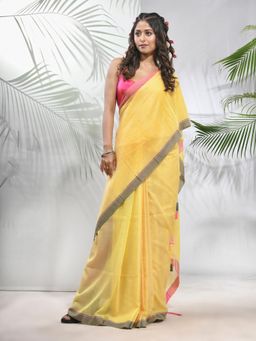 CHARUKRITI - Yellow Cotton Saree with Stripes Pattern with Unstitched Blouse