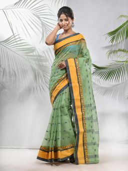 CHARUKRITI - Pista Green Pure Cotton Tant Woven Designs Saree without Blouse