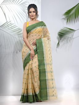 CHARUKRITI - Light Beige Pure Cotton Tant Woven Designs Saree without Blouse
