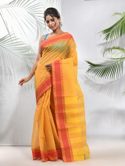 CHARUKRITI - Bright Yellow Pure Cotton Tant Woven Designs Saree without Blouse