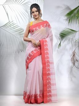 CHARUKRITI - White and Red Pure Cotton Tant Woven Designs Saree without Blouse