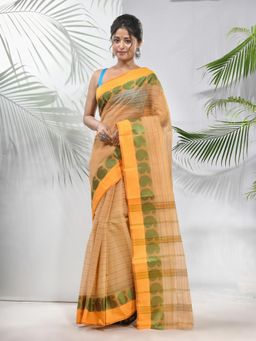 CHARUKRITI - Beige Pure Cotton Tant Woven Designs Saree without Blouse