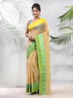 CHARUKRITI - Beige Pure Cotton Tant Woven Designs Saree without Blouse