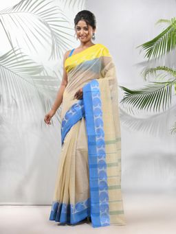 CHARUKRITI - Cream Pure Cotton Tant Woven Designs Saree without Blouse