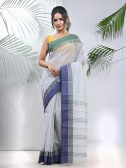 CHARUKRITI - Off White Pure Cotton Tant Woven Designs Saree without Blouse