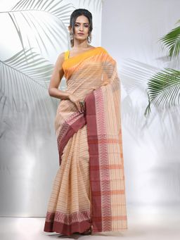 CHARUKRITI - Beige Pure Cotton Tant Woven Designs Saree without Blouse