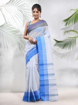 CHARUKRITI - White Pure Cotton Tant Woven Designs Saree without Blouse