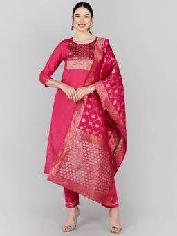 Vaamsi - Women Pink Silk Blend Floral Straight Kurta with Pant and Dupatta (Set of 3)