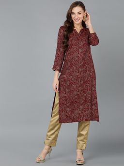 Vaamsi - Women Maroon Silk Blend Paisley Straight Kurta