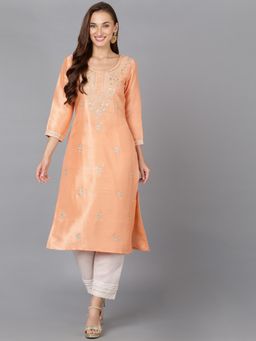 Vaamsi - Women Peach Silk Blend Embellished Straight Kurta