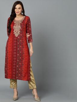 Vaamsi - Women Maroon Viscose Printed Straight Kurta