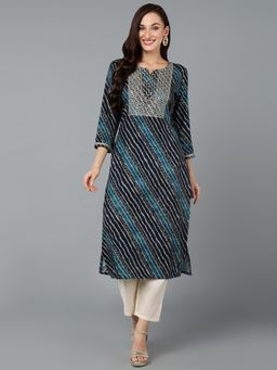 Vaamsi - Women Navy Blue Viscose Stripes Straight Kurta